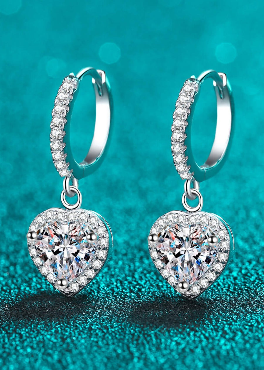 Moissanite Heart-Shaped Halo Drop Earrings 925 Silver